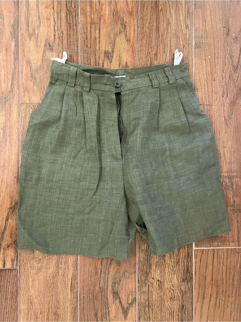 High-Waist Olive Green Linen Blend Women's Bermuda Shorts